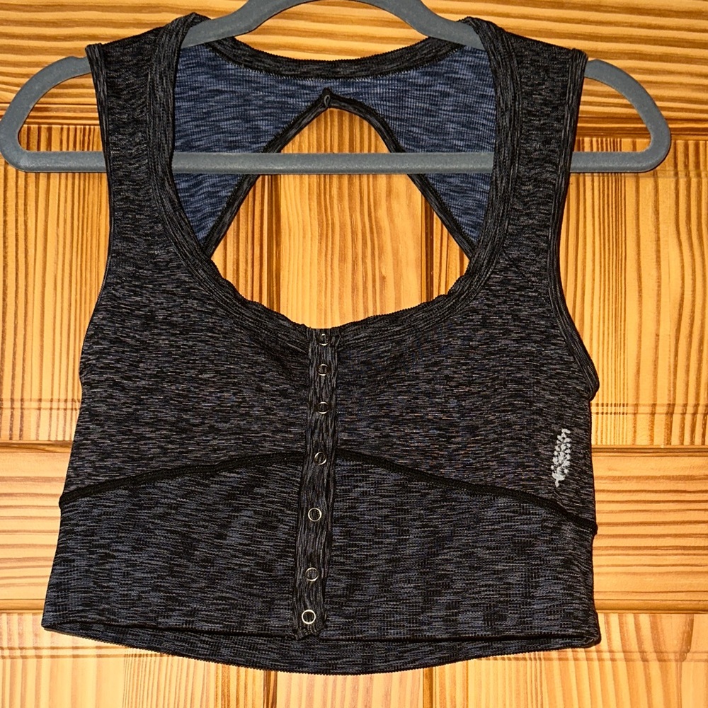 Free People Movement Black Heathered Snap-Front Sports Crop Tank